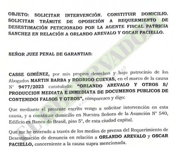 Casse Giménez solicita trámite de oposición a desestimación de denuncia contra Arévalo y Paciello