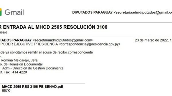 Diputados paga G. 12.500.000 a jefa que envía documentos vía mail