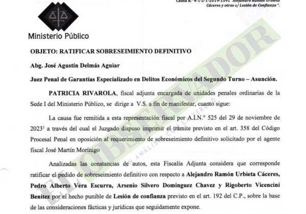 Fiscalía Adjunta se ratifica en sobreseimiento definitivo para Alejandro Urbieta