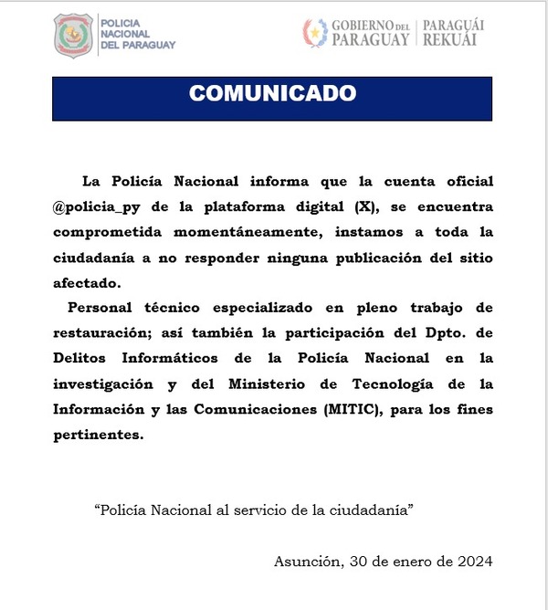 Cuenta de X de la Policía fue hackeada esta tarde | 1000 Noticias