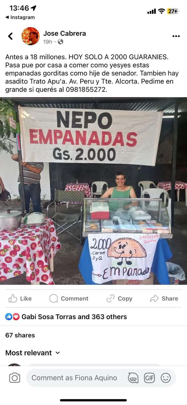 AUDIO: Puesto de venta de “Nepo empanadas” se hace viral: “La clase política no nos puede tomar por estúpidos”, dice el propietario - Periodísticamente - ABC Color