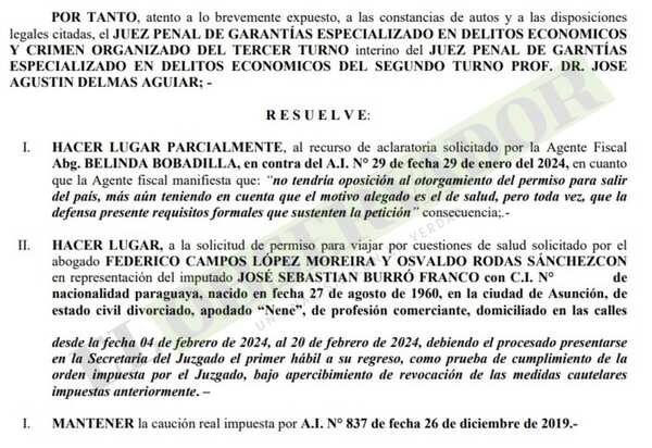 Juez aclara controversia sobre permiso para viajar a procesado en el caso Detave