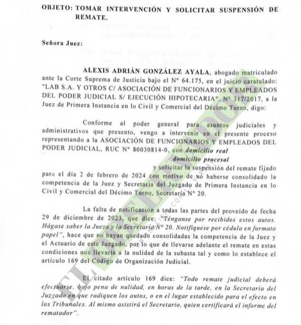 Maniobran y apuran remate de la sede de la Aso de funcionarios judiciales, tasado en G 11.715 millones