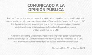Laviosa no tiene cátedras en la UNE, aclaran