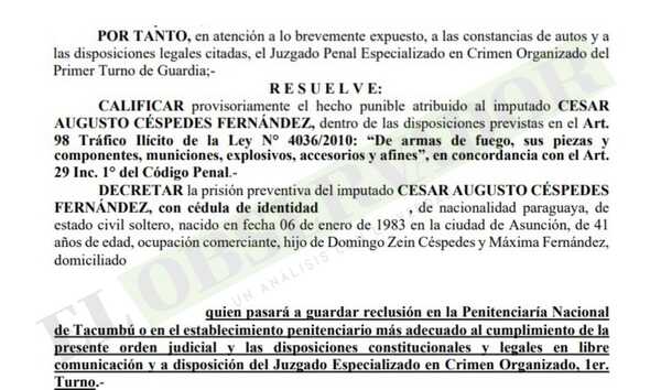Decretan prisión de presunto traficante de armas