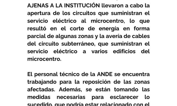 ANDE emite comunicado sobre corte de energía en el microcentro de CDE
