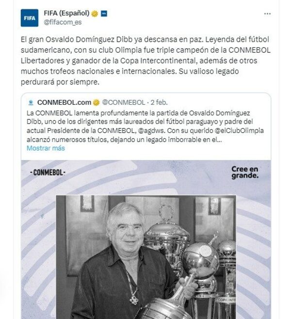 Luto en el deporte: FIFA se une al dolor por la partida de Osvaldo Domínguez Dibb