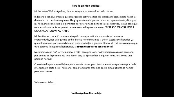 Familia de joven con discapacidad se desmarca de acusación contra Kattya