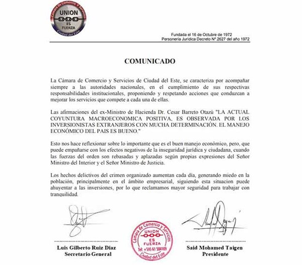 Cámara de Comercio de CDE reclama mayor seguridad jurídica y ciudadana en el país | DIARIO PRIMERA PLANA