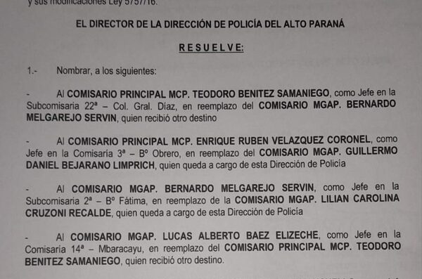 Disponen cambios en dependencias policiales de Alto Paraná