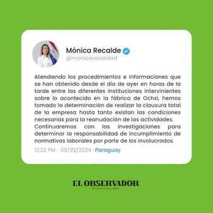 Ministerio de Trabajo ordena clausura total de empresa Ochsi tras fatal explosión