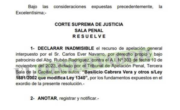 Sala Penal declara inadmisible apelación de presunto narco y la causa avanza a preliminar