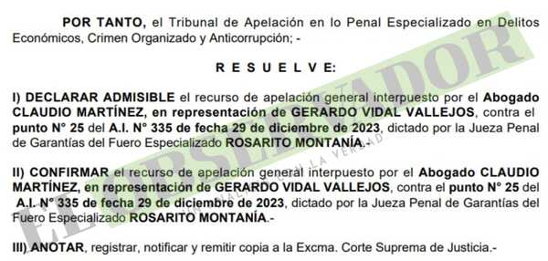 Cámara descarta agravios y mantiene prisión a acusado en causa “Mercat”