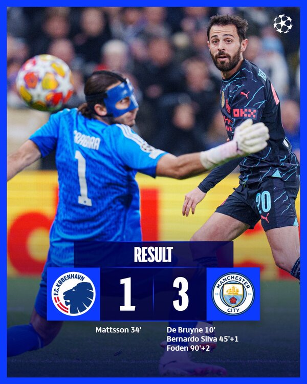 Manchester City sorprende de visita al Copenhague en el primer encuentro de los octavos de final de la Champions League - SNT