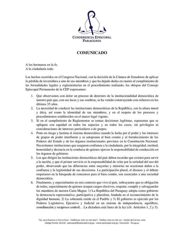 Iglesia Católica recuerda que "dictadura está fuera de la ley" » San Lorenzo PY