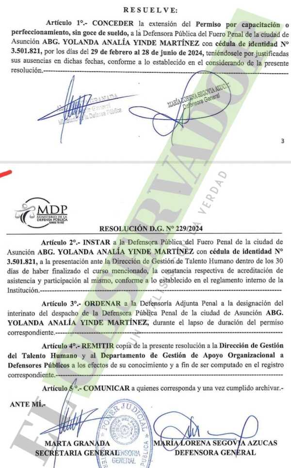 Defensora general avala prórroga de permiso a defensora que hace 17 meses está en el exterior