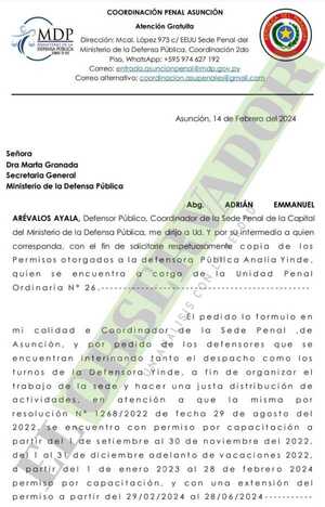 Defensor coordinador de Sede Penal de Capital pide copia de permisos de Yinde