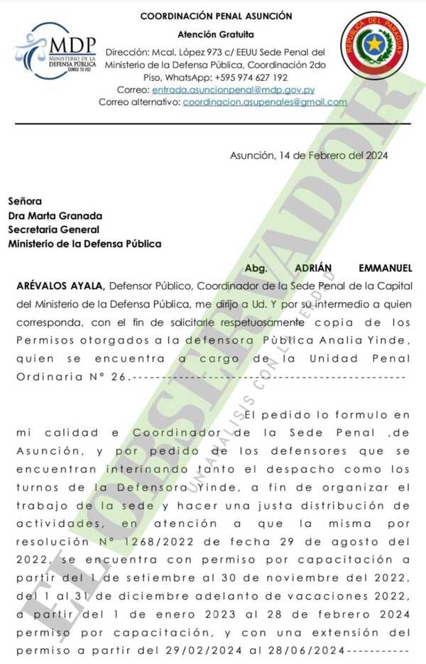 Defensor coordinador de Sede Penal de Capital pide copia de permisos de Yinde