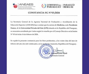 Carrera de Medicina de la UPE, sede Presidente Franco, acreditada por la ANEAES | DIARIO PRIMERA PLANA