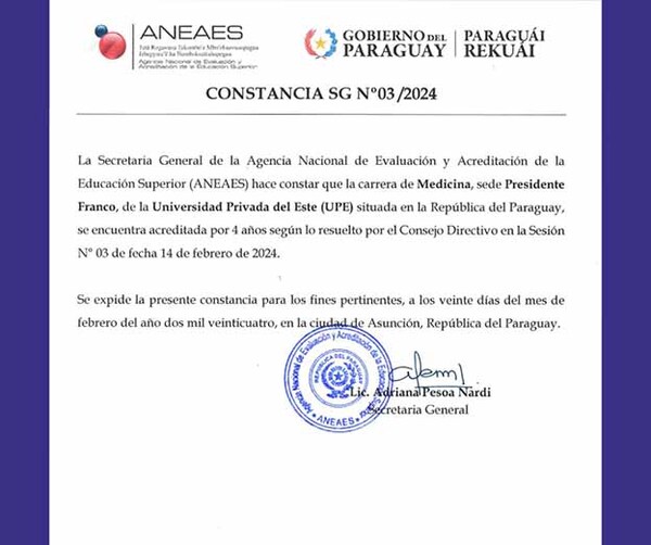 Carrera de Medicina de la UPE, sede Presidente Franco, acreditada por la ANEAES | DIARIO PRIMERA PLANA