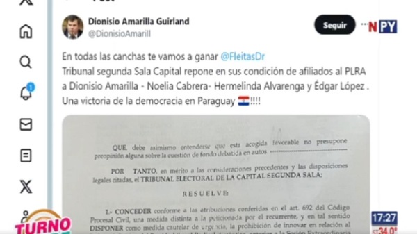 Tribunal ordena reincorporación de senadores expulsados del PLRA - Noticias Paraguay