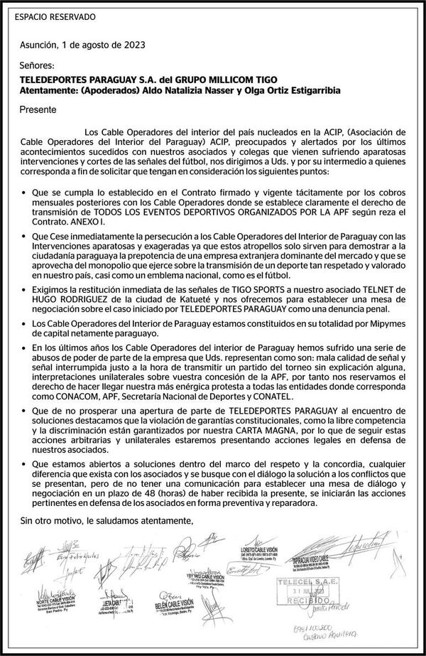 Comunicado de cable operadores del interior del país nucleados en ACIP - Espacio Reservado - ABC Color