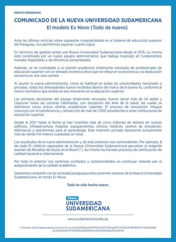 El modelo Ex Novo (Todo de nuevo) de la Universidad Sudamericana - Espacio Reservado - ABC Color