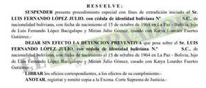 Suspenden trámite de extradición para exministro boliviano de Defensa