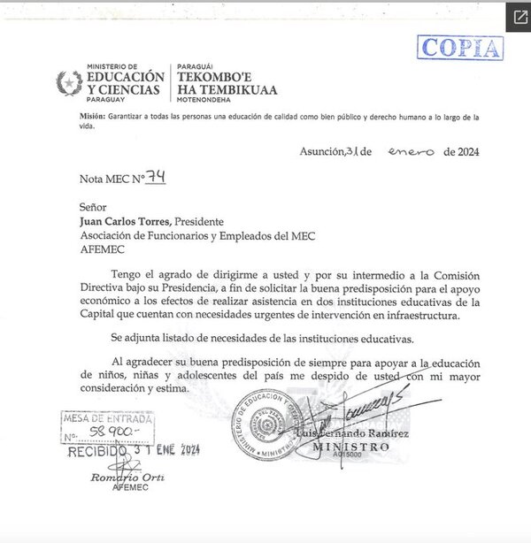 Denuncian que el MEC pidió ayuda a AFEMEC para arreglar escuelas | 1000 Noticias