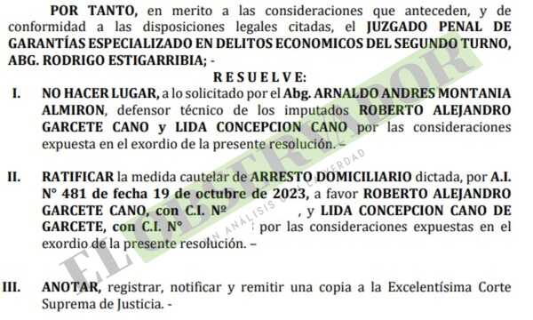 Juez descarta hechos nuevos y mantiene arresto domiciliario a miembros del clan Garcete
