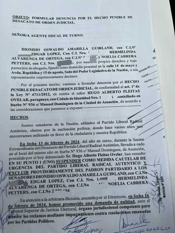 Senadores denuncian al presidente del PLRA para que cumpla con restituirlos en el partido | 1000 Noticias