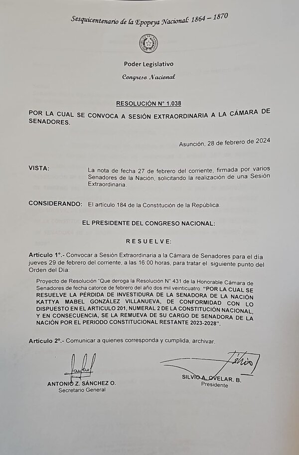 El Senado convoca sesión extraordinaria para revisar la expulsión de Kattya González - El Trueno