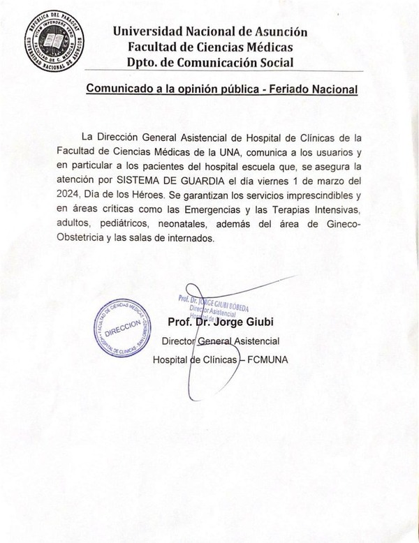 Garantizan atención médica durante feriado por Día de los Héroes en Clínicas - .::Agencia IP::.