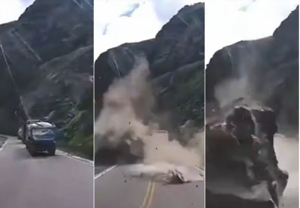 (VIDEO). Captan deslizamiento de rocas que destrozó dos camiones en una carretera en Perú