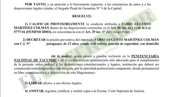Ordenan remisión a la cárcel de Tacumbú de presunto feminicida