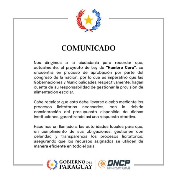 Gobierno insta a llevar adelante los procesos licitatorios para el almuerzo escolar