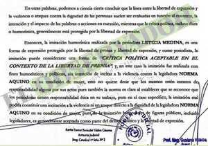 Jueza rechaza denuncia por violencia en imitación a la senadora Norma Aquino