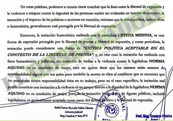 Jueza rechaza denuncia por violencia en imitación a la senadora Norma Aquino