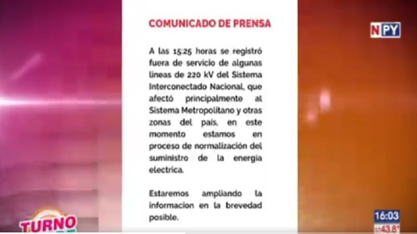 Cortes de luz en varios puntos del país - Noticias Paraguay