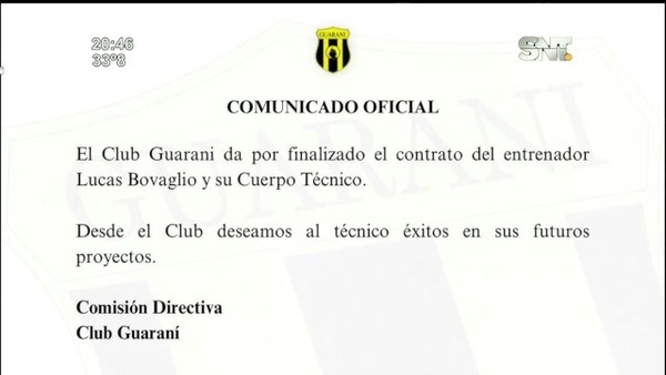 Lucas Bovaglio ya no es DT de Guaraní - SNT