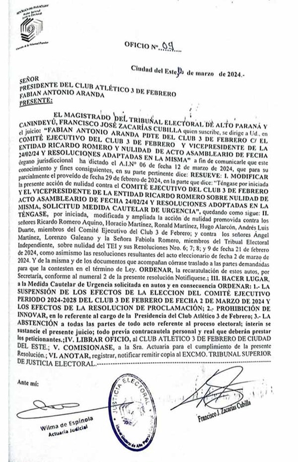 Tribunal Electoral suspende elección de renovación de comité ejecutivo del Club 3 de Febrero | DIARIO PRIMERA PLANA