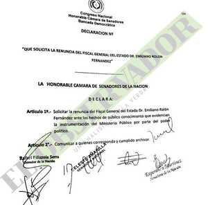 Oposición oficializa pedido de renuncia del Fiscal General “arrodillado ante el poder”
