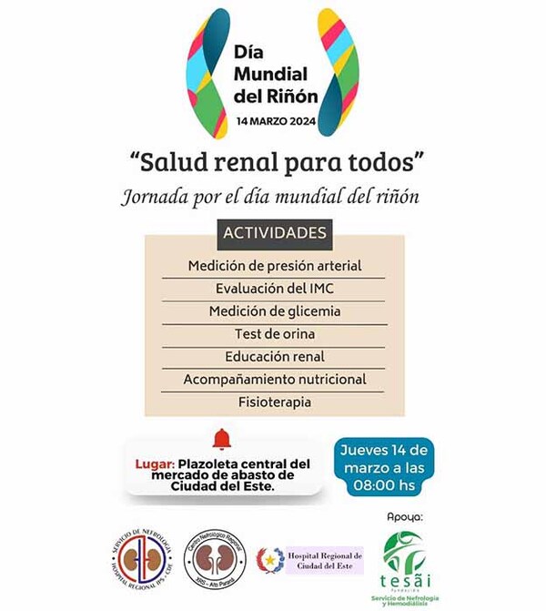 Fundación Tesãi invita a la ciudadanía a participar de actividades por el Día Mundial del Riñón | DIARIO PRIMERA PLANA