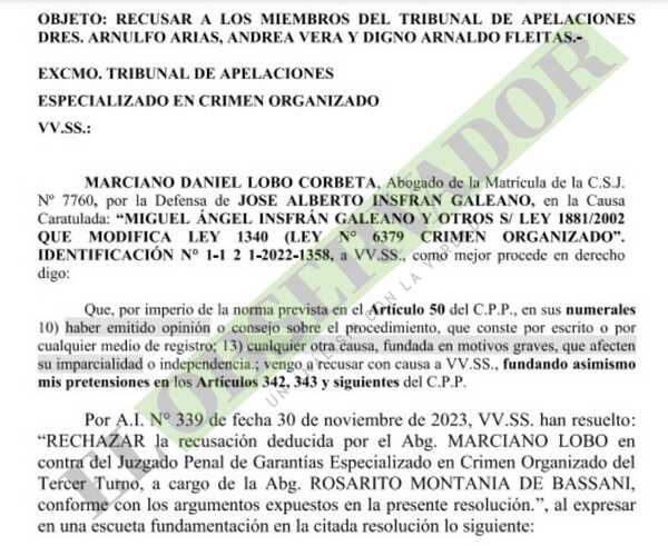 Pastor José Insfrán recusa a camaristas por rechazar recusación contra la jueza Rosarito Montanía 