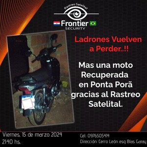 Más una motocicleta recuperada gracias a Frontier Security - Radio Imperio 106.7 FM