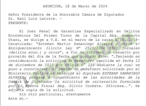 Juez comunica pedido de desafuero al diputado Samaniego pendiente desde diciembre
