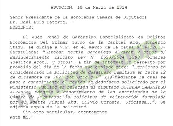 Juez comunica pedido de desafuero al diputado Samaniego pendiente desde diciembre 