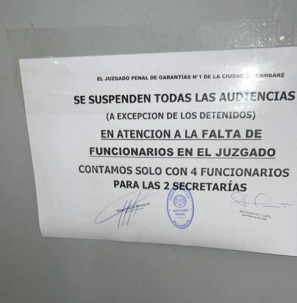 Suspenden audiencias en Juzgado de Lambaré por falta de funcionarios