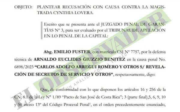 Giuzzio recusó a jueza que admitió imputación formulada por Cantero y Grisetti 