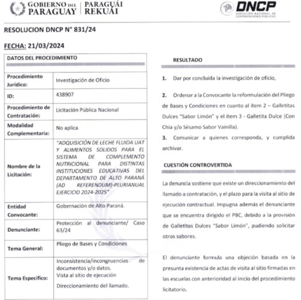 Alto Paraná sin almuerzo y merienda escolar por direccionamiento de licitaciones, según la DNCP